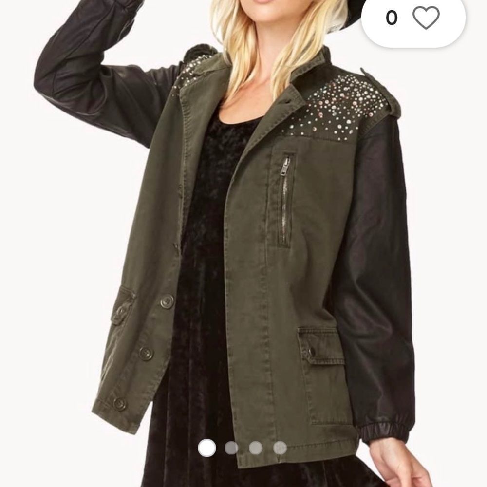 Forever 21 Army Green Military Rhinestone Bling Bedazzled Jacket Size S